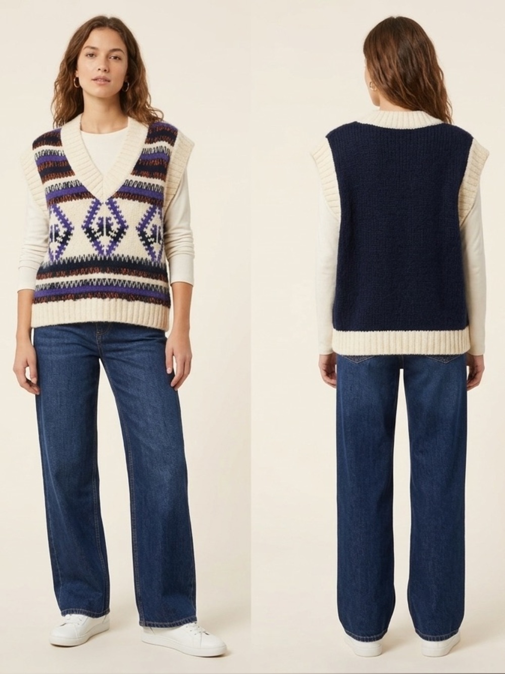 Chunky Knit V-Neck Sweater Vest Fair Isle Medium